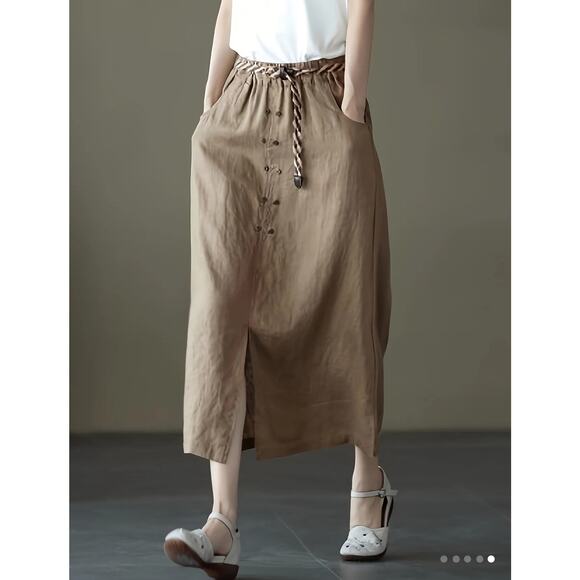 Khaki Tan Midi Skirt Elastic Waist Button Detail Pockets Capsule Wardrobe Staple - Picture 5 of 5